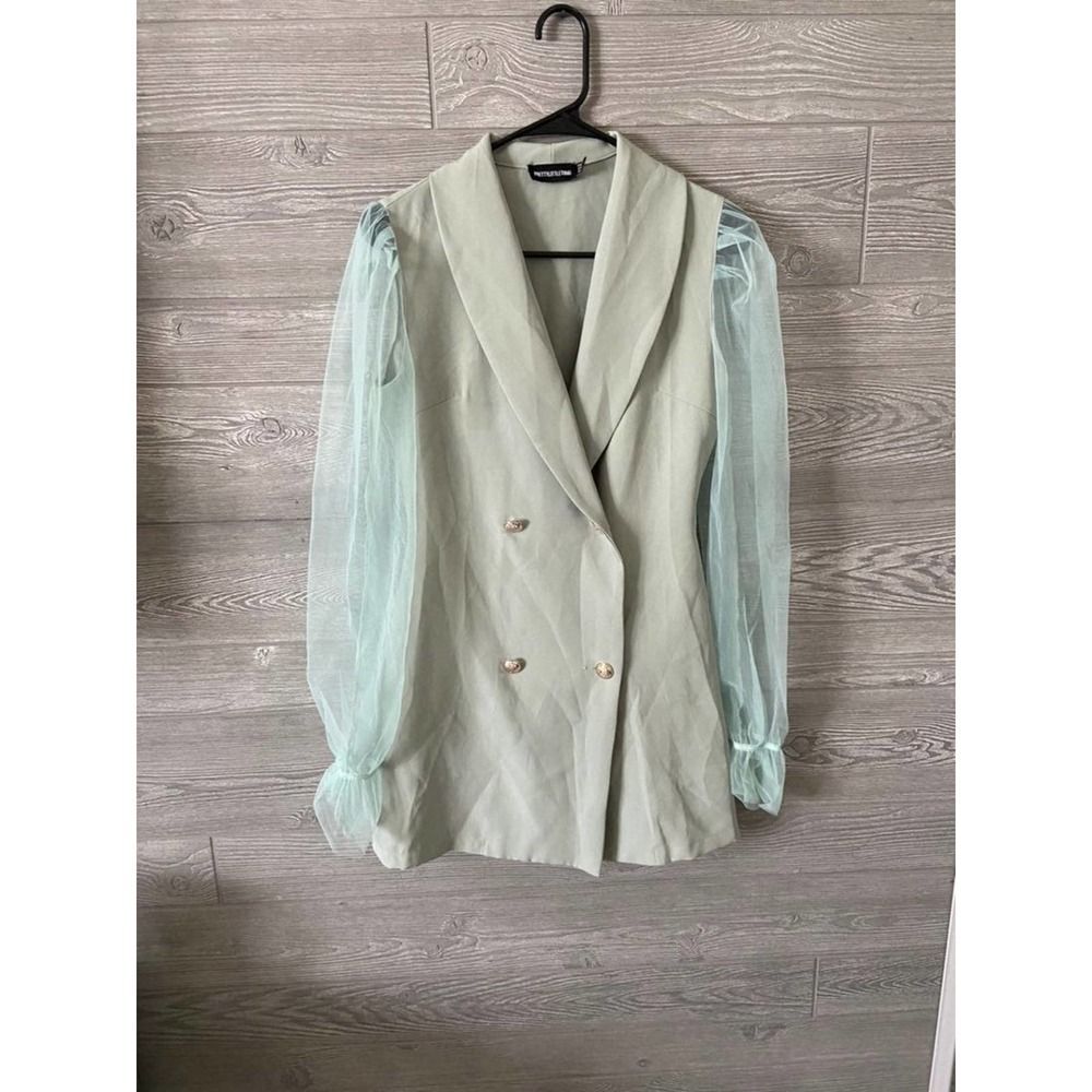 PrettyLittleThing Sage Green Blazer Dress Sheer Mesh Balloon Sleeve Size 4